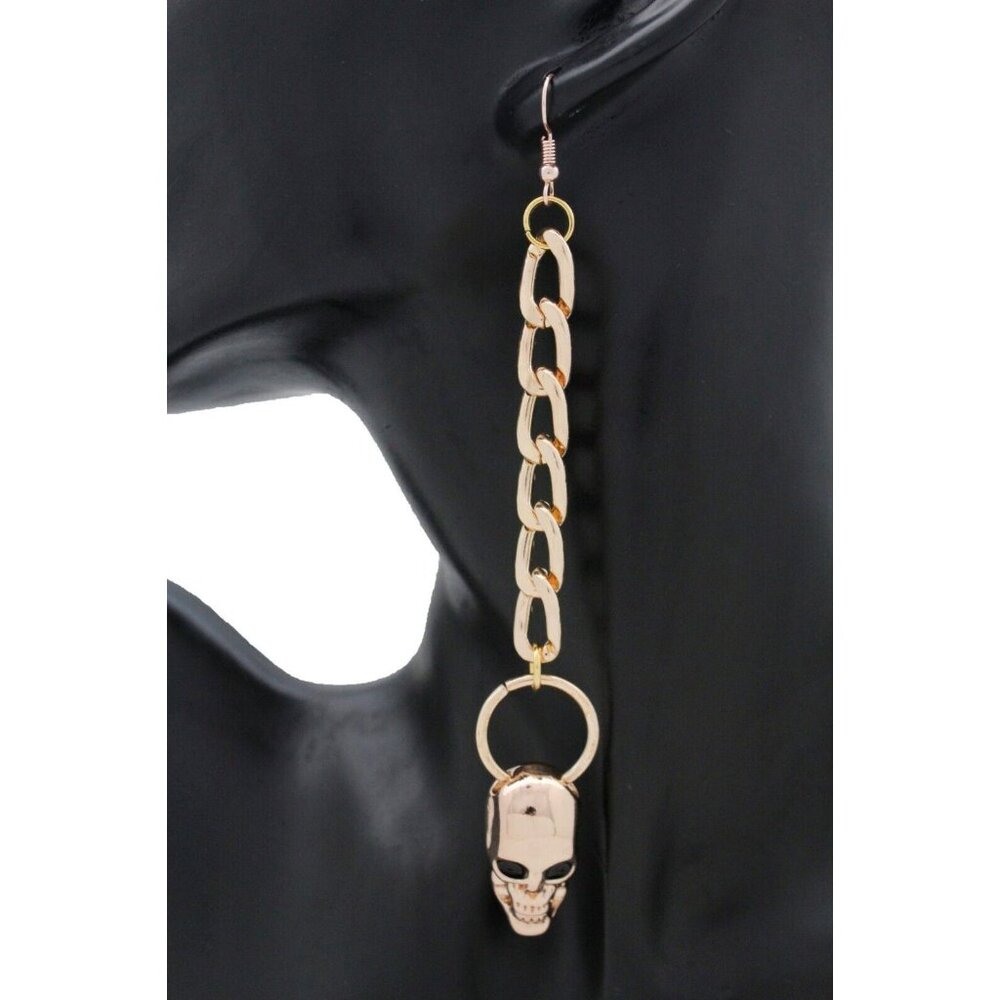 Women Gold Metal Chain Links Earring Set Hook Skeleton Skull Charm Rocker Gothic